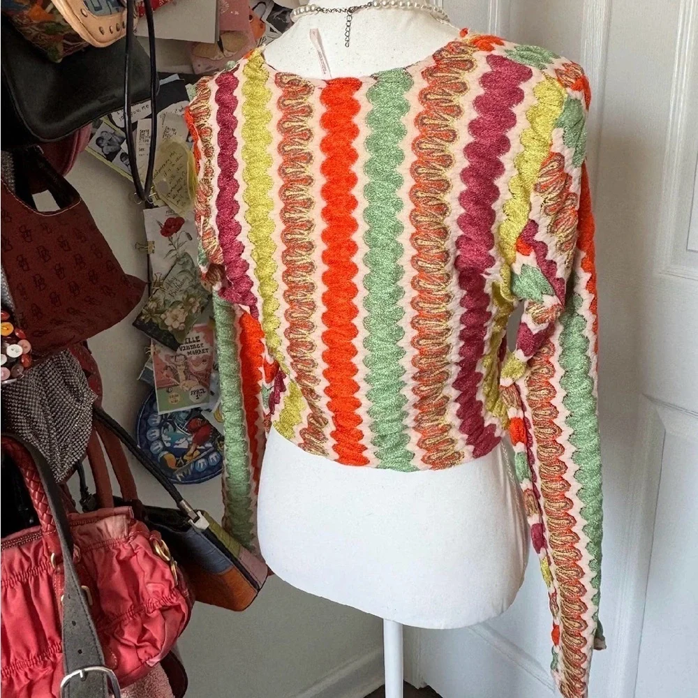Free People Colorful Crochet V-Neck Long Sleeve Large